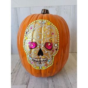 Gold sugar skull pumpkin beaded jack-o'-lantern unique prop Halloween deco